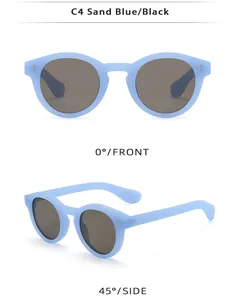 Front and side view of sand blue round frame sunglasses with black polarized lenses