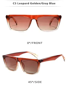 Detailed front and side views of square amber frames with gradient brown lenses