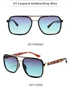 Detail view of leopard golden pilot sunglasses with gray blue gradient lenses