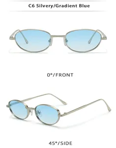 Detailed front and side views of silver metal steampunk sunglasses with gradient blue lenses