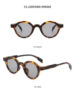 Detailed front and side views of vintage round leopard print sunglasses with smoke lenses