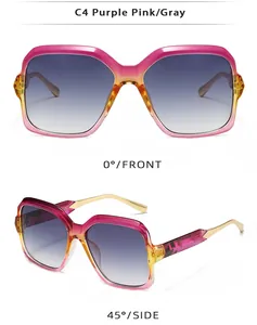 Front and side views of vintage square sunglasses with purple pink gradient frames