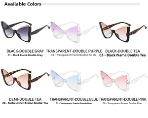 Detailed grid of butterfly-style sunglasses in six different gradient lens colors and frame patterns