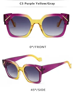 Détails de lunettes de soleil œil de chat, monture dégradé violet jaune, verres gris