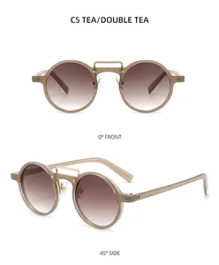 Retro round tea-colored sunglasses with gradient lenses and gold nose bridge detail