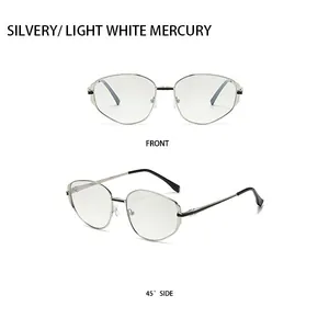 Front- und Seitenansicht der silbernen polygonalen Metallsonnenbrille mit Quecksilbergläsern