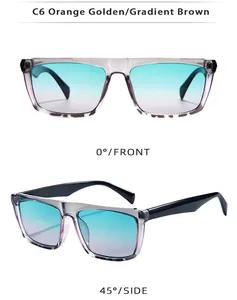 Detail view of square sunglasses featuring gradient lenses and gray transparent frames