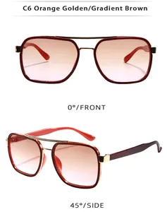Front and 45-degree side views of gradient brown square sunglasses with gold metal frame