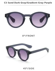 Detail view of round sunglasses in sand dark gray with gradient purple lenses