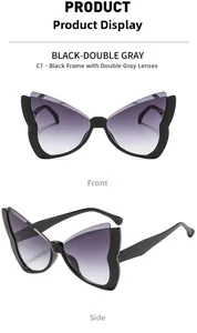 Front and side view of trendy butterfly sunglasses with black frame and gradient lenses