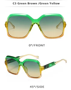 Detailed front and side views of vintage square sunglasses with green-yellow gradient frames