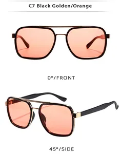 Front and side view of oversized square sunglasses with gold accents and orange lenses