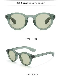 Detailed front and side views of matte sand green round frame sunglasses with green lenses