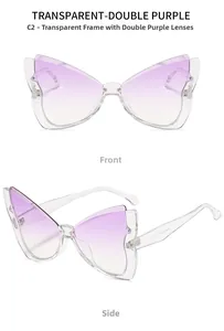 Detail view of butterfly frame sunglasses with transparent purple gradient lenses