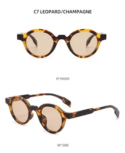 Detailed front and side views of vintage round leopard sunglasses with champagne lenses