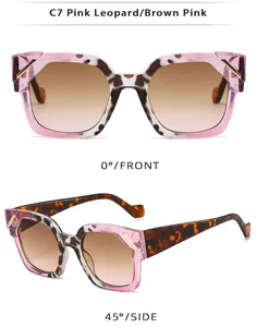 Vues de face et de profil de lunettes œil-de-chat rose léopard avec verres dégradés