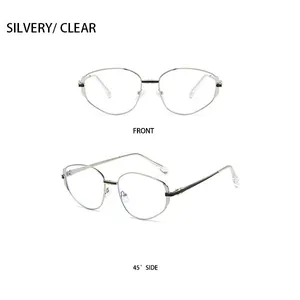 Detaillierte Front- und Seitenansicht der silbernen Polygonal-Metallbrille mit klarem Glas