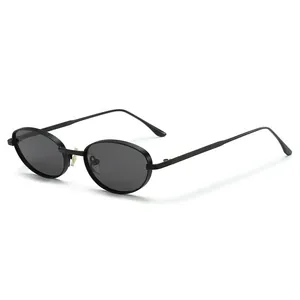 Vintage steampunk oval metal sunglasses with horizontal ribbing and black tinted lenses