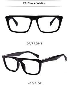 Detailed front and side views of black square frame sunglasses with white accents