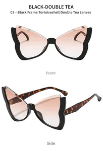 Detail of butterfly sunglasses with black frames and tortoise temples with tea lenses