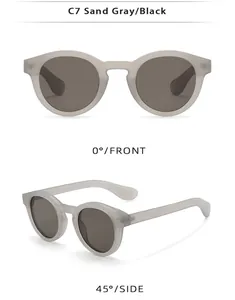 Front and side views of sand gray round sunglasses with black lenses and metal rivets