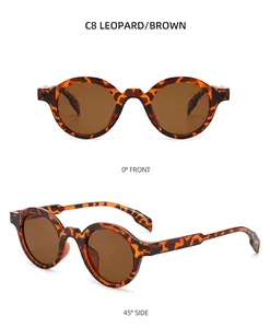 Front and side views of retro round leopard print sunglasses with brown lenses