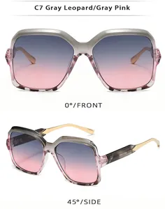 Detail view of square leopard print sunglasses with gradient lenses and metal hinges