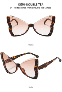 Detailed front and side views of tortoise shell butterfly sunglasses with tea gradient lenses