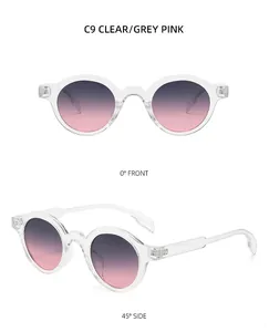Front and side view of retro round sunglasses with clear frames and grey-pink gradient lenses