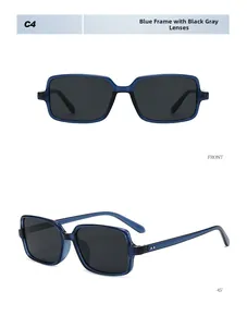 Dettaglio di occhiali da sole quadrati con montatura blu trasparente e rivetti metallici