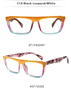 Front and side views of square frame sunglasses in gradient orange, pink and blue