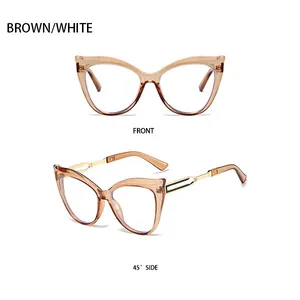 Vue avant et latérale de lunettes de soleil œil de chat en marron et blanc, branches métal