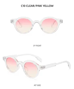 Front and 45-degree side views of round sunglasses with pink and yellow gradient lenses