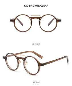 Detailed front and side views of brown round retro glasses with top metal bar accents