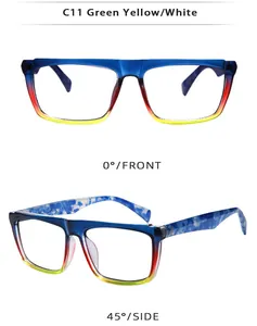 Front and side views of trendy square gradient sunglasses in blue red and yellow