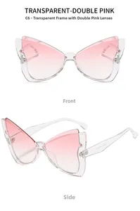 Front and side view of butterfly sunglasses with transparent frame and pink gradient lenses