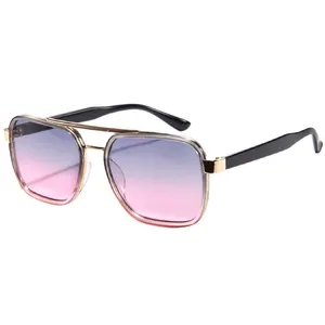 Women's square aviator sunglasses with gold metal frame and blue-pink gradient lenses