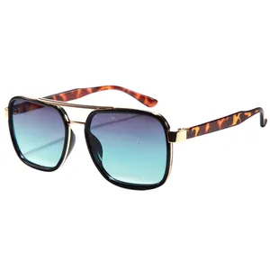 Fashionable square frame sunglasses with gold double bridge and leopard pattern temples