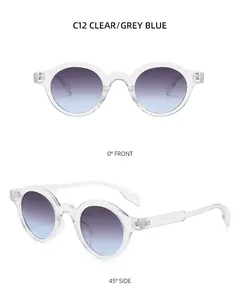Detailed view of clear round sunglasses with grey blue lenses from front and side angles