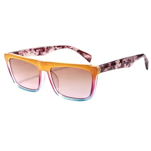 Square tricolor gradient sunglasses with yellow pink blue frames and marbled purple temples