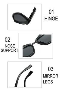 Détails des charnières, des plaquettes de nez et des branches de lunettes de soleil