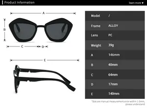 Tableau des tailles détaillant les mesures des lunettes de soleil papillon en alliage