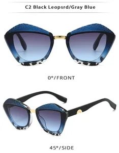 Vues de face et de côté de lunettes papillon géométriques avec imprimé léopard bleu