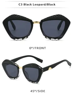 Vue de face et de profil de lunettes papillon pour femme avec texture léopard et détails dorés