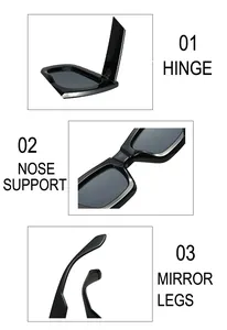 Detail view of durable hinges, integrated nose pads and curved temples on black sunglasses