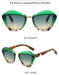 Vues détaillées de lunettes œil de chat avec motif tissé vert et monture léopard chic