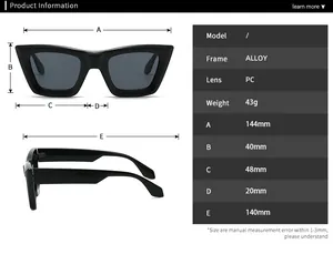 Detailed size chart for retro cat-eye sunglasses with alloy frame and PC lenses