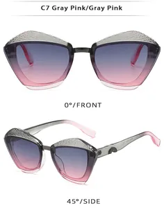 Vues de face et de profil à 45 degrés de lunettes papillon avec verres dégradés gris rose