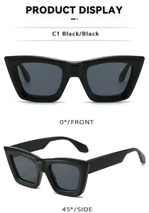 Detailed front and side views of black cat-eye sunglasses with dark grey lenses