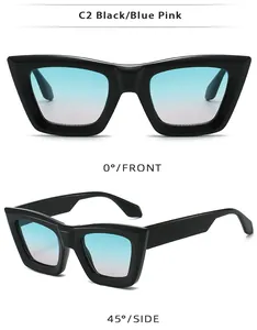 Front and side views of chunky black frames with blue pink gradient lenses